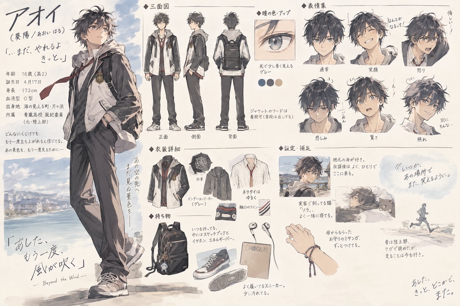 架空のアニメキャラクター・アオイの人物設定シート