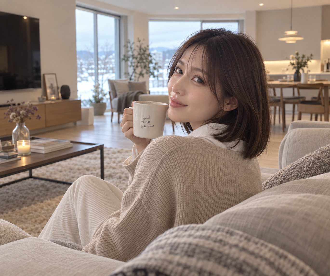 冬のリビングでマグカップを持ち振り返る日本人女性のAI生成画像