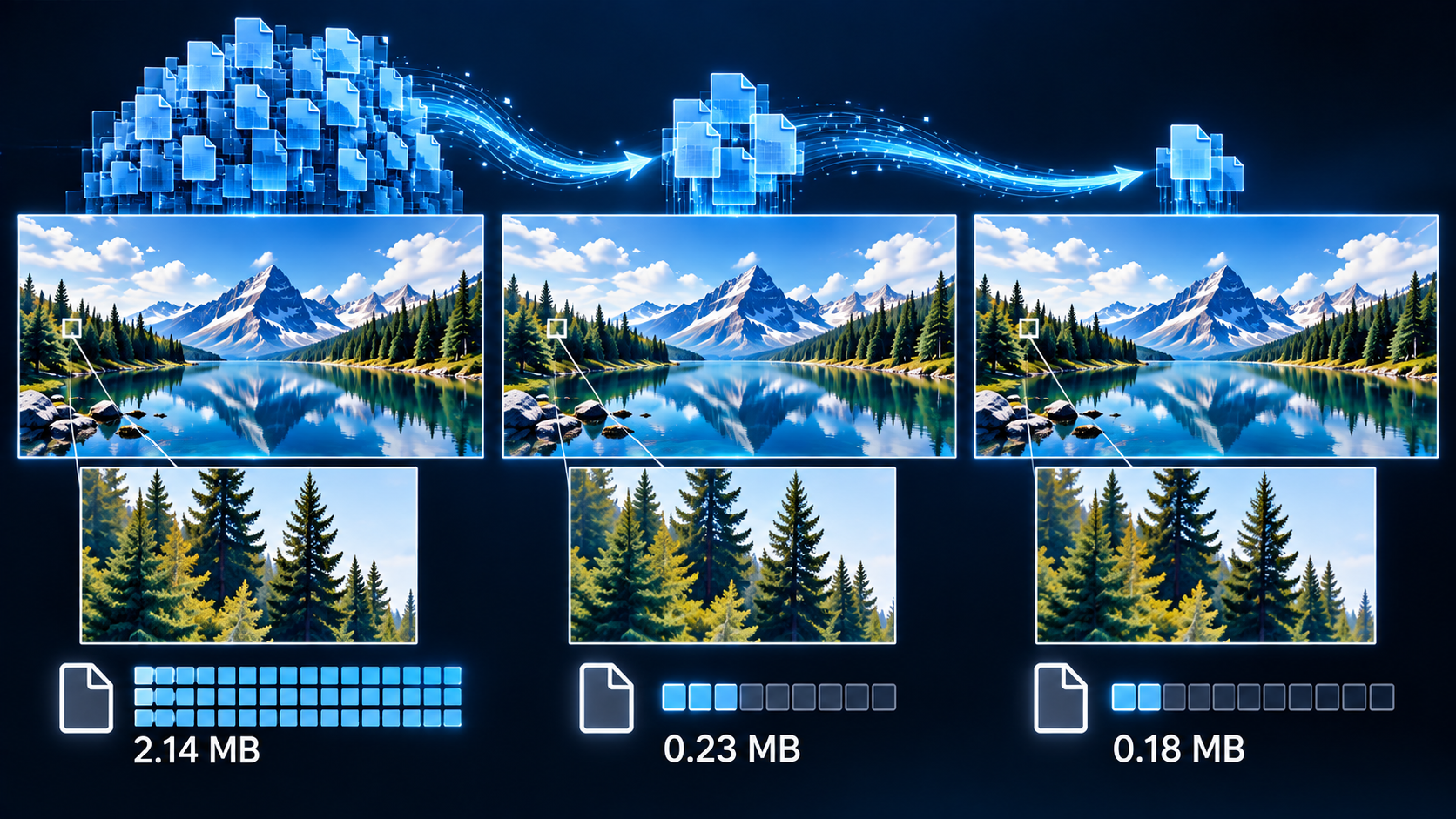 同じAI生成画像をPNG、JPEG、WebPで比較した図。PNG 2.14MB、JPEG 0.23MB、WebP 0.18MBの容量差と拡大部分を表示。