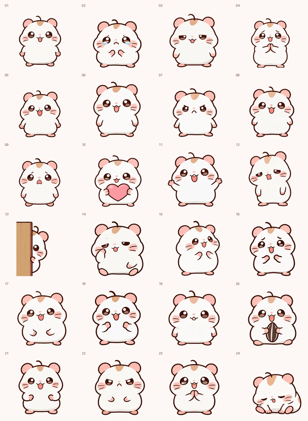 ChatGPT Workで制作した手描き風ハムスターの動くLINEスタンプ24種類のアニメーション見本